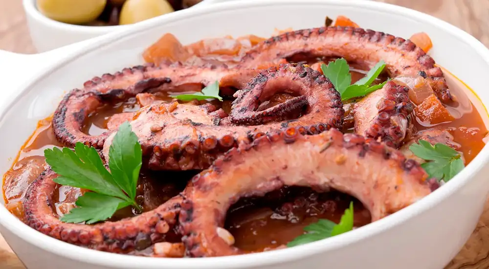 Octopus stewed in white wine with vegetables