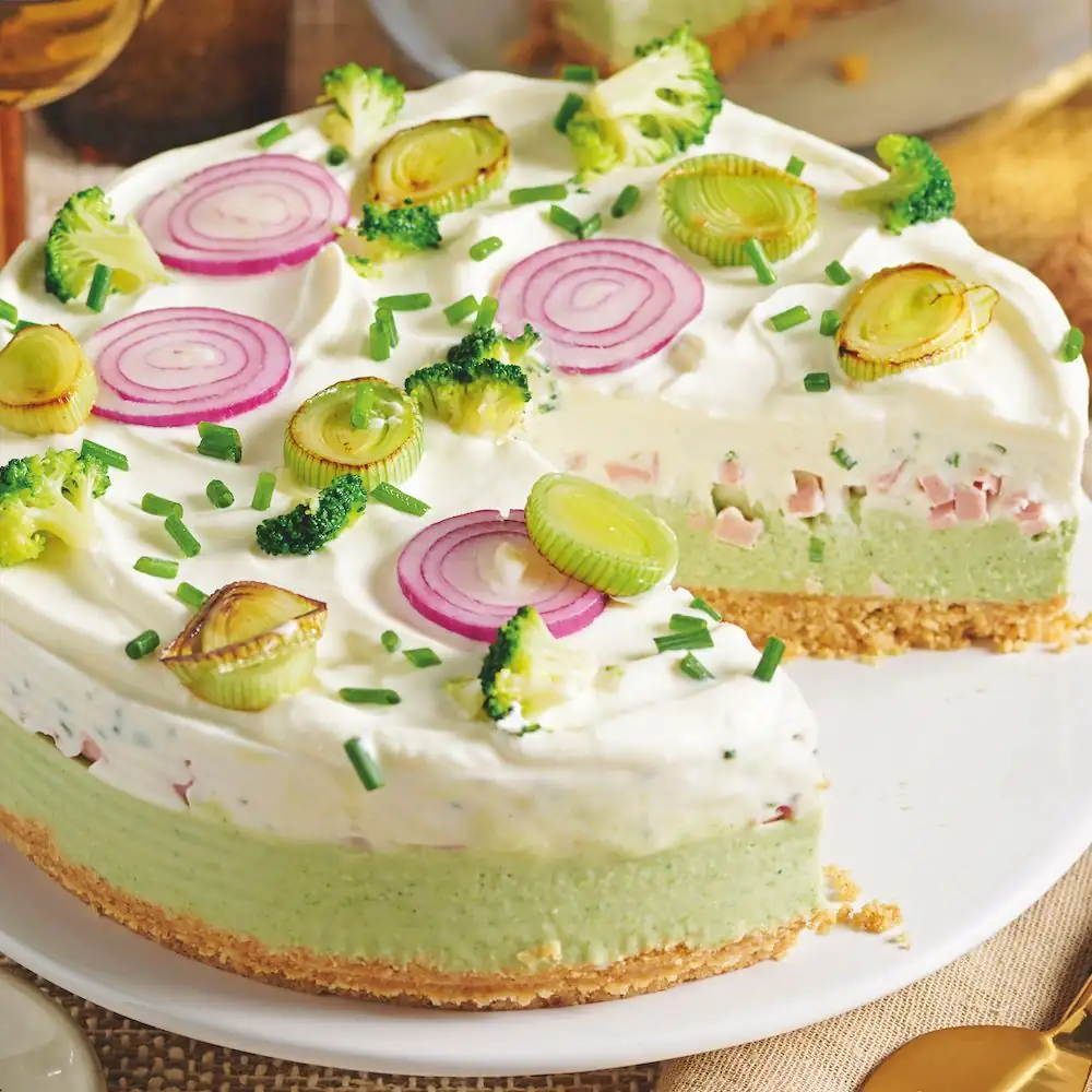 Savory cheesecake with gorgonzola and stracciatella, mortadella and pistachios