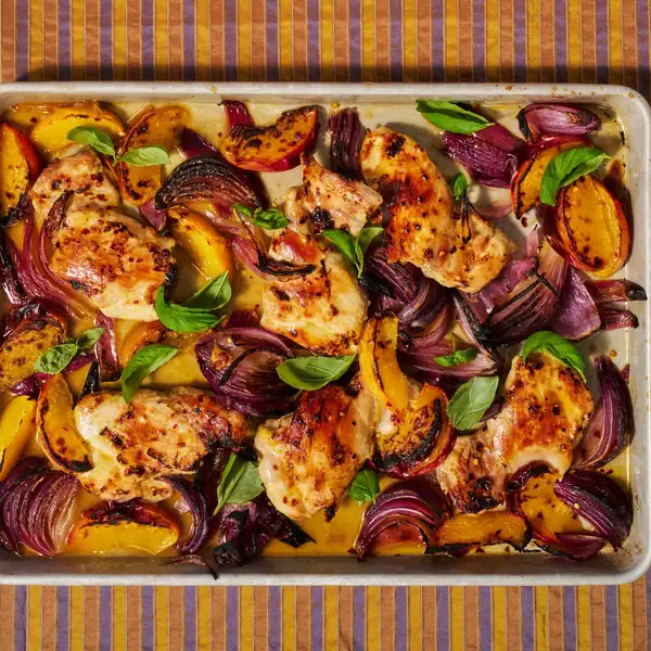 Sheet-Pan Hot Honey Chicken and Peaches