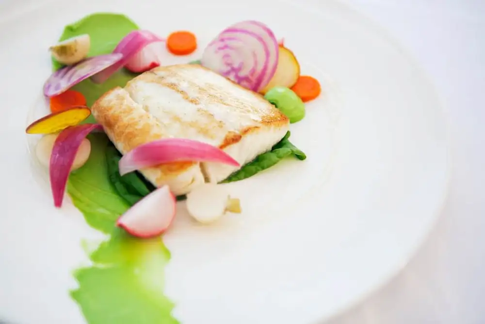 Halibut w/ Honey-Soused Vegetables & Avocado Purée