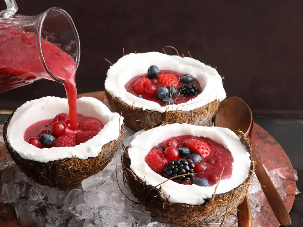 Coconut-lime sorbet with spicy berry gazpacho