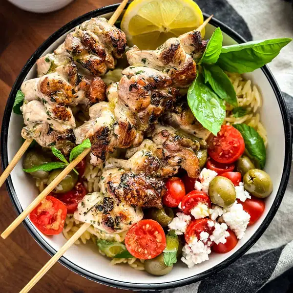 Chicken Skewers Orzo Bowls with Lemon