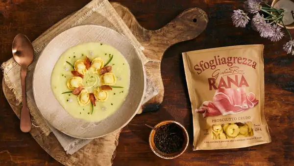 Sfogliagrezza Raw ham with creamy leek and potato sauce and crispy wafer by Corrado Campanaro