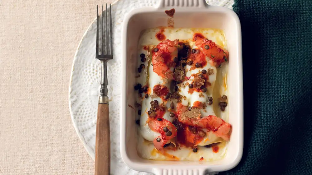 Fish menu: cannelloni with prawns and lentils