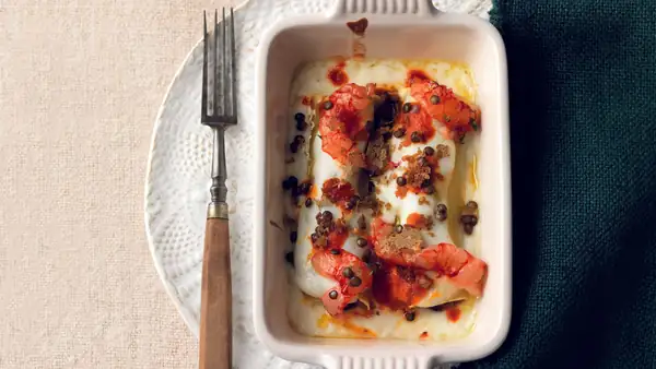Fish menu: cannelloni with prawns and lentils