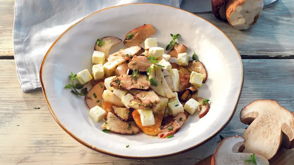 Vegetarian menu: porcini, potato, and feta salad with cucumber citronette