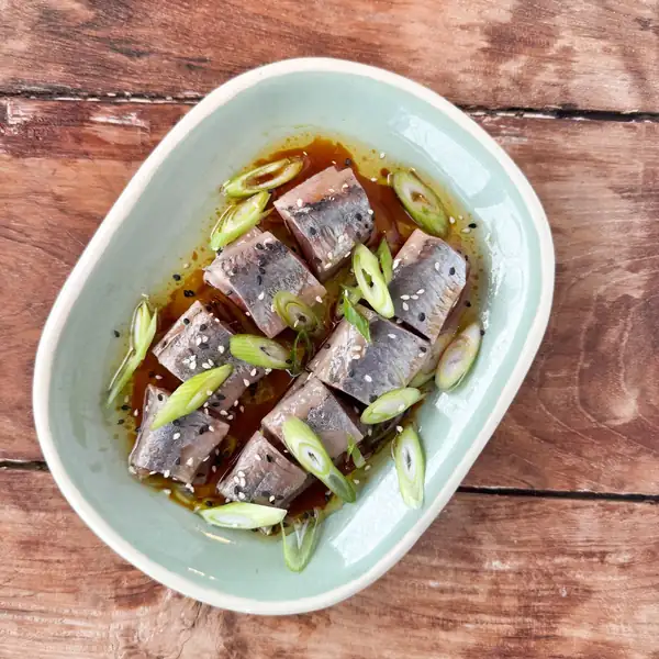 Dutch new herring with Japanese waffle dressing by Bart van Olphen