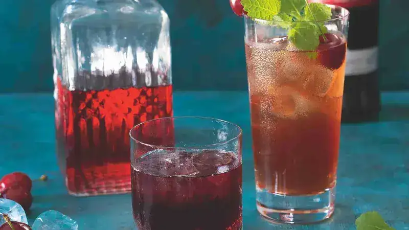 Cherry and lemon balm syrup & alcoholic and non-alcoholic cocktail