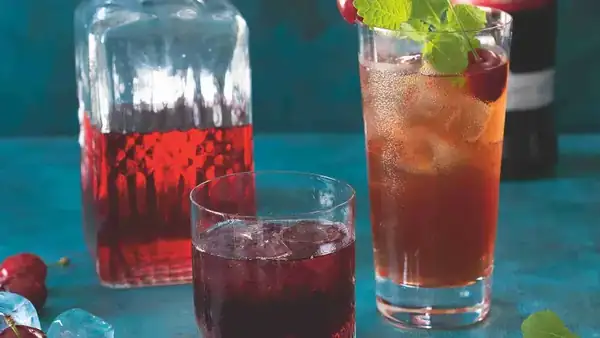 Cherry and lemon balm syrup & alcoholic and non-alcoholic cocktail