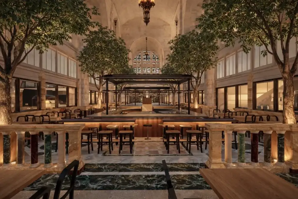 La histórica Torre del Reloj de Brooklyn, de 156 metros de altura, está siendo revitalizada como un enorme destino culinario de clase mundial, con cocinas abiertas que ofrecen espectáculos, bares de aperitivos y espacios gastronómicos ocultos