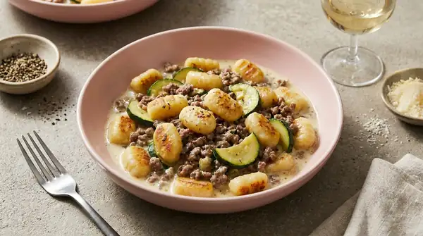 Makes an impression: quick gnocchi stir-fry with zucchini, minced meat and white wine sauce