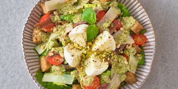 Tomato, Mozzarella And Anchovy Salad With Pesto Dressing Recipe