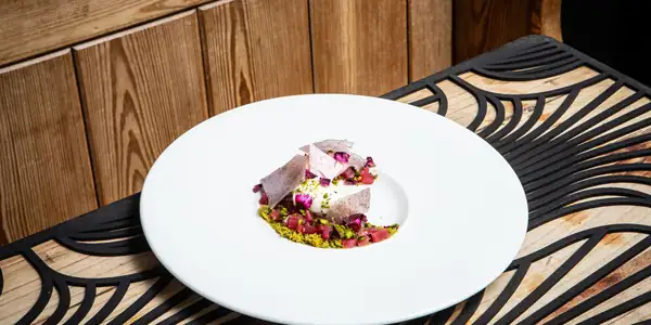 Mastic labneh mousse, pistachio kataifi and rhubarb sorbet
