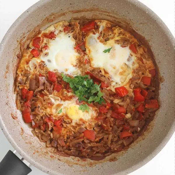 Shakshuka Eggs With Potato Hash