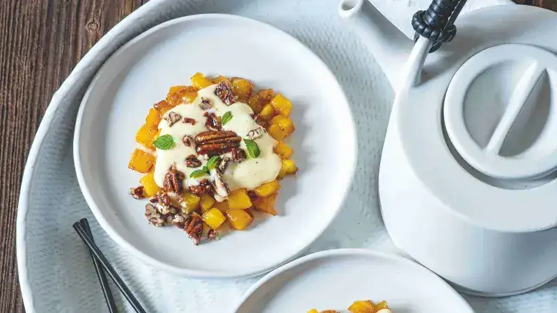 Potato mousse, roasted pineapple and maple pecans