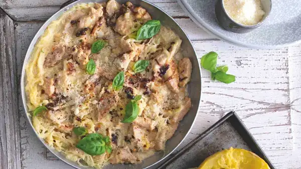 Fake Chicken Alfredo from Spaghetti Squash