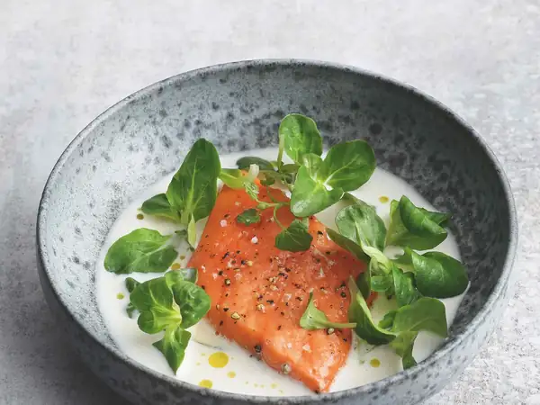 Buttermilk dashi with sous-vide cooked char and lamb's lettuce