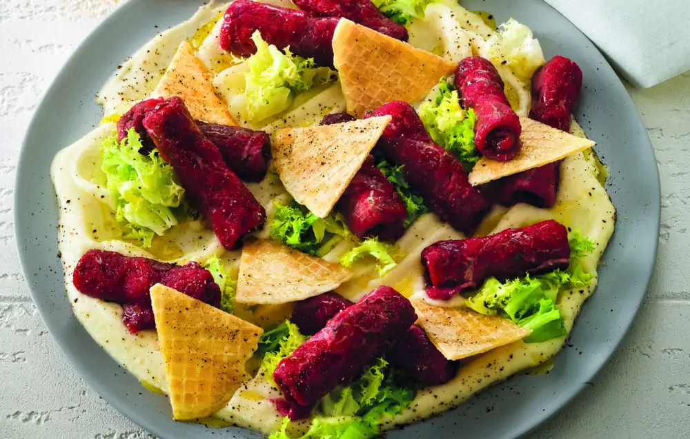 Carpaccio Roll-Ups With Wafers and Celery Root Purée