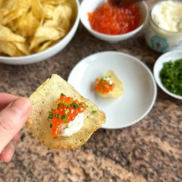 Salmon Roe (Ikura) with Crème Fraîche and Chips!