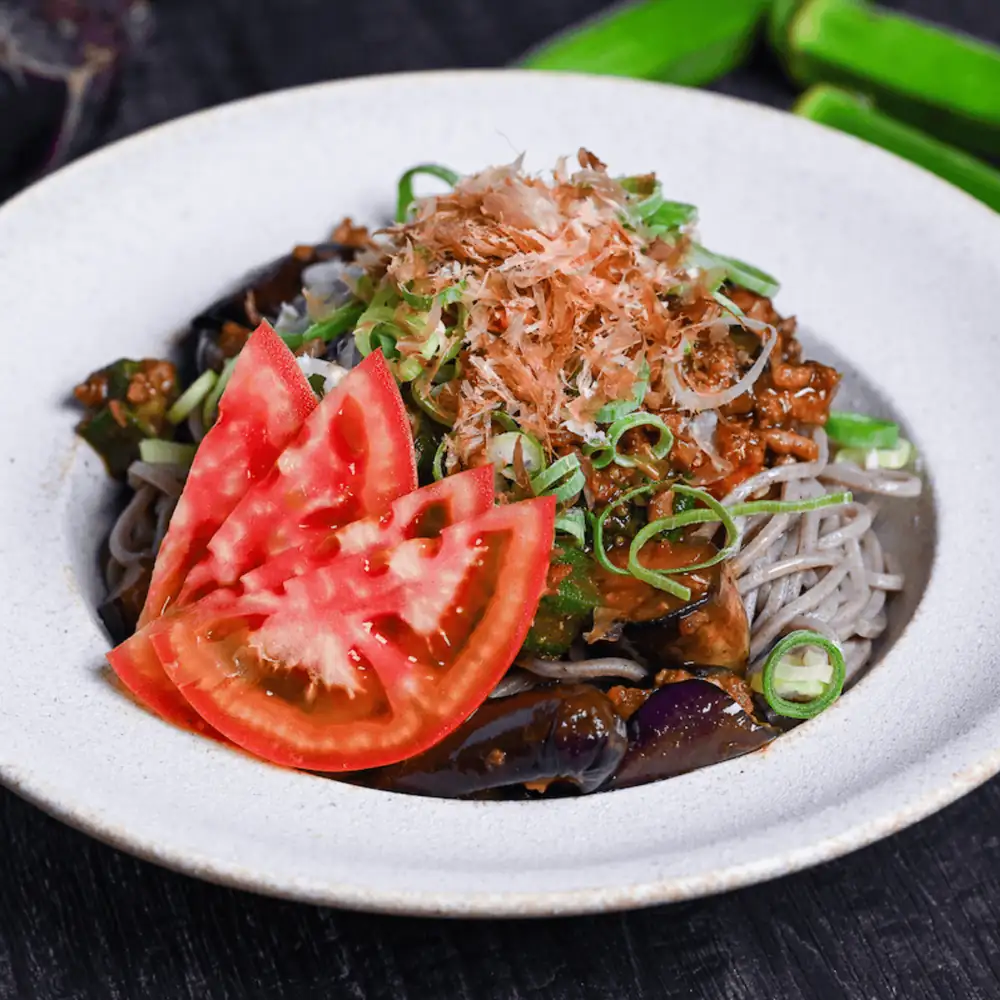 Summer Vegetable Soba Noodles with Rich Miso Meat Sauce