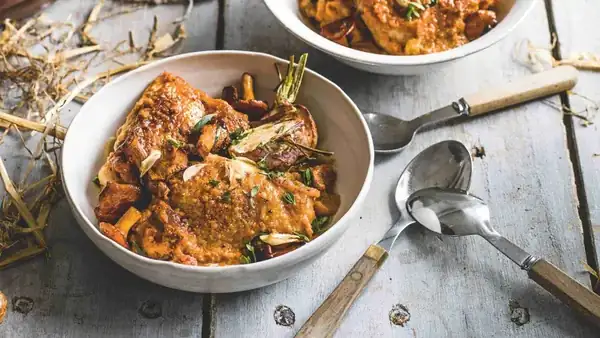 Chicken with nut sauce, roasted turnip and wild mushrooms
