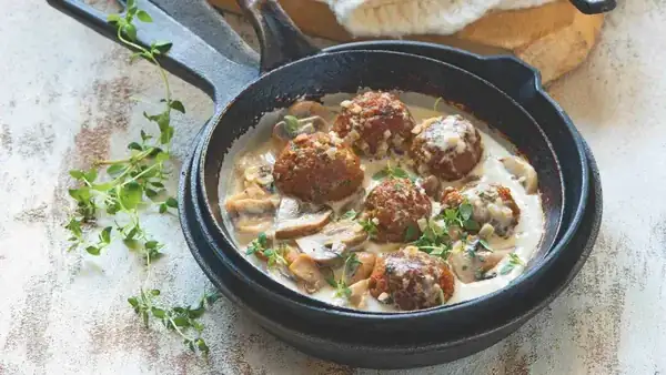 Meatless meatballs with mushroom sauce
