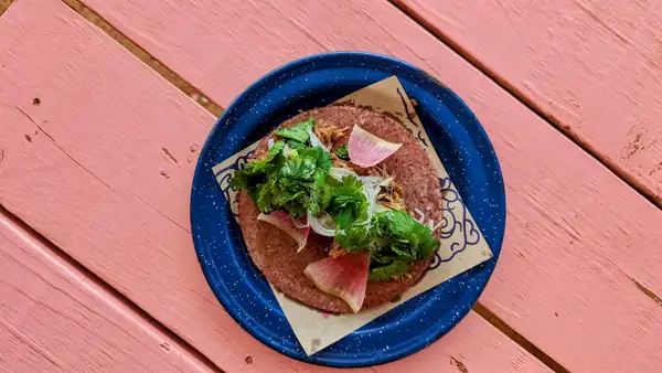 Duck carnitas tacos and tuna tostada at the renowned Taqueria Nixta