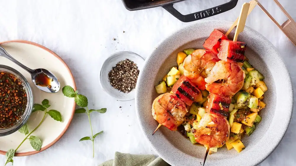 Prawn and melon skewer with cucumber salad