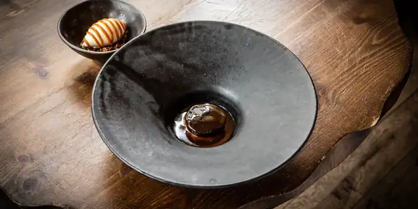 Jerusalem Artichoke And Chocolate Brownie, Hazelnut Ice Cream, Jerusalem Artichoke Crunch, Caramel And Blackcurrant Recipe