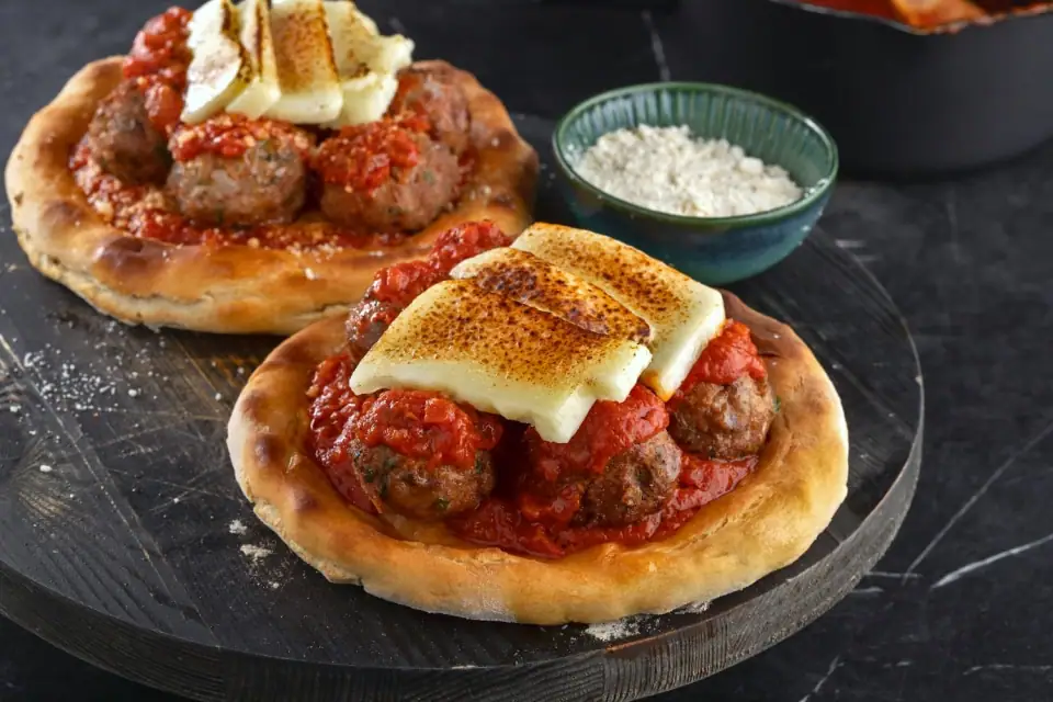 Baked Meatball Pizza w/ Homemade Tomato Sauce & Cheese