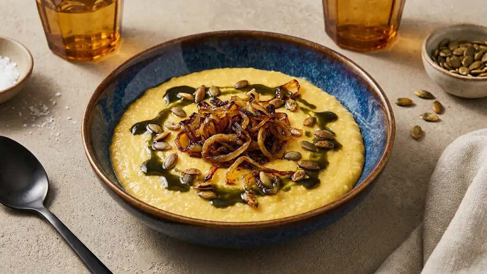Creamy cornmeal porridge with caramelized onions