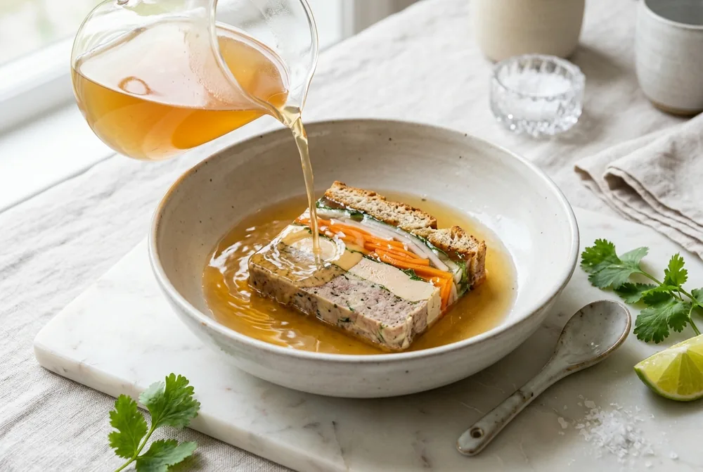 Bún Bò Huế Consommé Poured Over a Foie Gras Bánh Mì Terrine